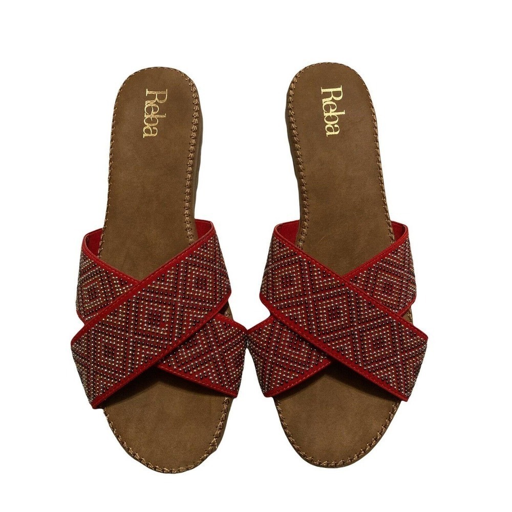 Reba Brown Leather Bling Open Toe Sandals Red‎ Tribal Pattern Size 7 - 7 1/2"
